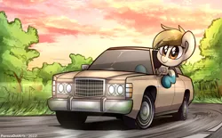 Size: 5096x3160 | Tagged: safe, artist:perezadotarts, derpibooru import, oc, oc:sand dollar, unofficial characters only, earth pony, pony, car, driving, female, ford, ford brougham, image, lights, mare, motion lines, png, sky, smiling, solo, vehicle