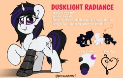 Size: 2560x1640 | Tagged: safe, artist:perezadotarts, derpibooru import, oc, oc:dusklight radiance, unofficial characters only, cyborg, cyborg pony, pony, unicorn, amputee, colored, cutie mark, image, looking at you, png, prosthetic leg, prosthetic limb, prosthetics, reference sheet, robotic arm, simple background, smiling, solo, text