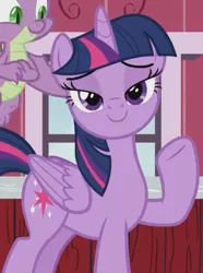 Size: 410x551 | Tagged: safe, derpibooru import, screencap, spike, twilight sparkle, twilight sparkle (alicorn), alicorn, dragon, pony, harvesting memories, spoiler:harvesting memories, spoiler:mlp friendship is forever, bedroom eyes, cropped, female, flying, image, looking at you, mare, png, raised hoof, smiling, smiling at you, solo focus, stupid sexy twilight, sweet apple acres, sweet apple acres barn