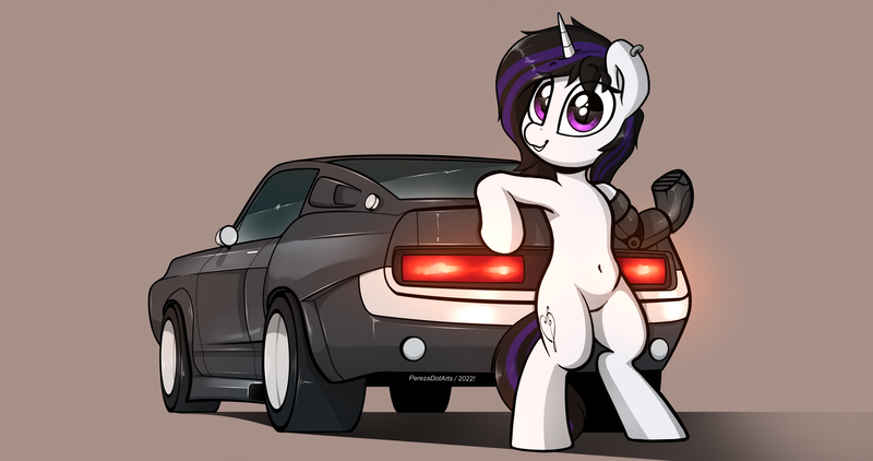Size: 4096x2160 | Tagged: safe, artist:perezadotarts, derpibooru import, oc, unofficial characters only, cyborg, cyborg pony, pony, unicorn, amputee, anatomically correct, belly button, car, ford, ford mustang, image, leaning, looking at you, muscle car, nudity, png, prosthetic leg, prosthetic limb, prosthetics, robotic arm, simple background, smiling, solo, standing on two hooves, vehicle, vulva