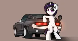 Size: 4096x2160 | Tagged: safe, artist:perezadotarts, derpibooru import, oc, unofficial characters only, cyborg, cyborg pony, pony, unicorn, amputee, anatomically correct, belly button, car, ford, ford mustang, image, leaning, looking at you, muscle car, nudity, png, prosthetic leg, prosthetic limb, prosthetics, robotic arm, simple background, smiling, solo, standing on two hooves, vehicle, vulva