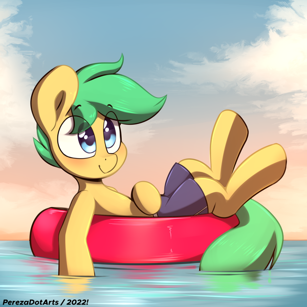 Size: 4096x4096 | Tagged: safe, artist:perezadotarts, derpibooru import, oc, oc:pen sketchy, unofficial characters only, pony, anatomically correct, blushing, clothes, cloud, image, inner tube, male, nudity, png, pool toy, shorts, sky, smiling, solo, solo male, stallion, text, vulva, water