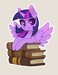 Size: 935x1200 | Tagged: safe, artist:asimos, artist:maytee, derpibooru import, twilight sparkle, twilight sparkle (alicorn), alicorn, pony, book, bust, collaboration, image, jpeg, solo, spread wings, sticker, wings