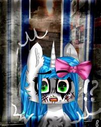 Size: 864x1080 | Tagged: safe, derpibooru import, unicorn, series:mutants, big eyes, bow, cheek fluff, chest fluff, comic, dark, elevator, exclamation point, gasp, hair bow, image, interrobang, jpeg, nightmare, open mouth, question mark, scar, scared