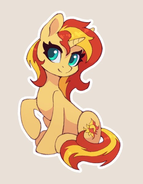 Size: 935x1200 | Tagged: safe, artist:asimos, artist:maytee, derpibooru import, sunset shimmer, pony, unicorn, collaboration, image, jpeg, sitting, sticker