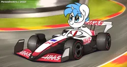 Size: 4096x2160 | Tagged: safe, artist:perezadotarts, derpibooru import, oc, oc:melodic, unofficial characters only, unicorn, car, driving, f1, f1 car, horn, image, male, motion blur, motion lines, png, race track, racecar, racing, smiling, solo, solo male, text, unicorn oc