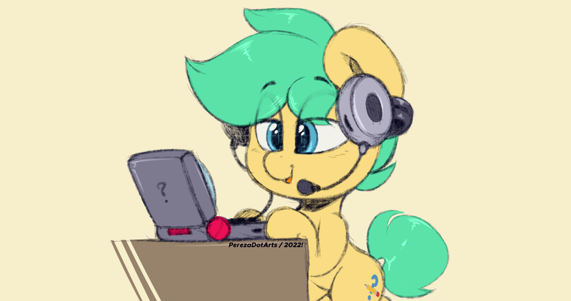 Size: 4096x2160 | Tagged: safe, artist:perezadotarts, derpibooru import, oc, oc:pen sketchy, unofficial characters only, earth pony, pony, computer, cutie mark, derpibooru exclusive, desk, headset, image, laptop computer, lidded eyes, png, simple background, sketch, smiling, solo, standing, standing on two hooves