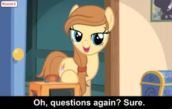 Size: 1920x1224 | Tagged: safe, derpibooru import, edit, oc, oc:cream heart, unofficial characters only, earth pony, pony, comic:celestia's servant interview, caption, cs captions, female, image, image macro, interview, mare, png, solo, text
