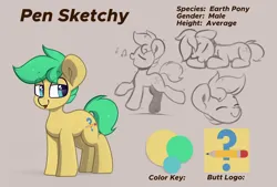 Size: 7760x5240 | Tagged: safe, artist:perezadotarts, derpibooru import, oc, oc:pen sketchy, unofficial characters only, earth pony, pony, :p, cutie mark, earth pony oc, image, png, pony oc, reference sheet, simple background, sketch, solo, tongue out