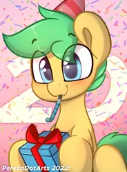 Size: 4240x5760 | Tagged: safe, artist:perezadotarts, derpibooru import, oc, oc:pen sketchy, unofficial characters only, earth pony, pony, birthday, blushing, confetti, earth pony oc, hat, image, party hat, party horn, png, pony oc, present, simple background, sitting, smiling, solo, text