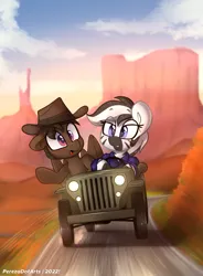 Size: 3240x4400 | Tagged: safe, artist:perezadotarts, derpibooru import, oc, unofficial characters only, pegasus, pony, zebra, car, clothes, cowboy hat, determined look, driving, hat, image, jeep, motion blur, motion lines, overalls, pegasus oc, png, pony oc, road, scared, sky, text, vehicle, wings, zebra oc