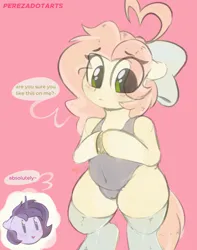 Size: 2990x3800 | Tagged: safe, artist:perezadotarts, derpibooru import, oc, unofficial characters only, pegasus, unicorn, belly button, blushing, bow, clothes, female, hair bow, hooves together, horn, image, looking down, male, one-piece swimsuit, pegasus oc, png, shipping, shy, simple background, socks, solo, solo female, speech bubble, straight, swimsuit, text, thick, unicorn oc, wings