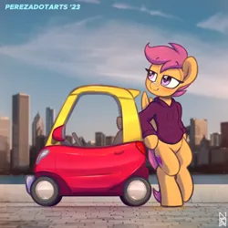 Size: 5000x5000 | Tagged: safe, artist:perezadotarts, derpibooru import, scootaloo, pegasus, pony, bandaid, bandaid on nose, blushing, car, city, clothes, cozy coupe, female, image, jacket, leaning, lidded eyes, mare, png, sky, solo, text, vehicle