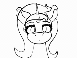 Size: 560x420 | Tagged: safe, artist:darbedarmoc, derpibooru import, oc, oc:minerva, unofficial characters only, pony, unicorn, animated, black and white, curious, gif, grayscale, image, looking at you, male, monochrome, sketch, solo, text, trap (device)