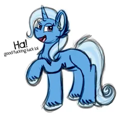 Size: 611x566 | Tagged: safe, artist:tricks-up-my-sleeve, derpibooru import, trixie, pony, unicorn, colored sketch, image, open mouth, open smile, png, raised hoof, simple background, sketch, smiling, solo, vulgar, white background
