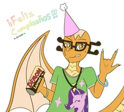 Size: 1040x940 | Tagged: safe, artist:lawrence alpaca, derpibooru import, starlight glimmer, oc, oc:myoozik the dragon, dragon, birthday, bracelet, clothes, dragon oc, drink, glasses, hat, image, jewelry, non-pony oc, png