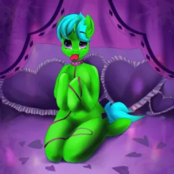 Size: 3000x3000 | Tagged: suggestive, artist:kopusha, derpibooru import, oc, oc:green byte, pony, unicorn, collar, commission, heart, heart pillow, image, leash, looking at you, male, mouth hold, pet play, pillow, png, smiling, stallion, ych result
