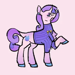 Size: 1280x1280 | Tagged: safe, artist:sillyfillies, derpibooru import, rarity, pony, unicorn, clothes, colored hooves, ear piercing, earring, glasses, image, jewelry, piercing, pink background, png, redesign, simple background, solo, sweater