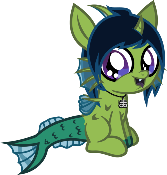 Size: 856x894 | Tagged: safe, artist:lightningbolt, derpibooru import, oc, oc:demon hellspawn, unofficial characters only, half-siren, hybrid, pony, .svg available, baby, baby pony, colored hooves, colored tongue, curved horn, derpibooru exclusive, fangs, fins, fish tail, happy, horn, image, jewelry, leviathan cross, looking at you, magical gay spawn, male, necklace, offspring, open mouth, png, scales, show accurate, simple background, sitting, slit pupils, solo, tail, tongue out, transparent background, vector