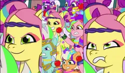 Size: 1297x762 | Tagged: safe, derpibooru import, screencap, posey (g5), earth pony, pegasus, pony, unicorn, g5, my little pony: tell your tale, spoiler:g5, spoiler:my little pony: tell your tale, spoiler:tyts01e56, alternate hairstyle, angry, bean mouth, evil grin, female, filly, foal, food, frown, grin, image, jpeg, male, mare, mohawk, peach fizz, pegasus royal guard, royal guard, smiling, stallion, thunder flap, tomato, youtube shorts