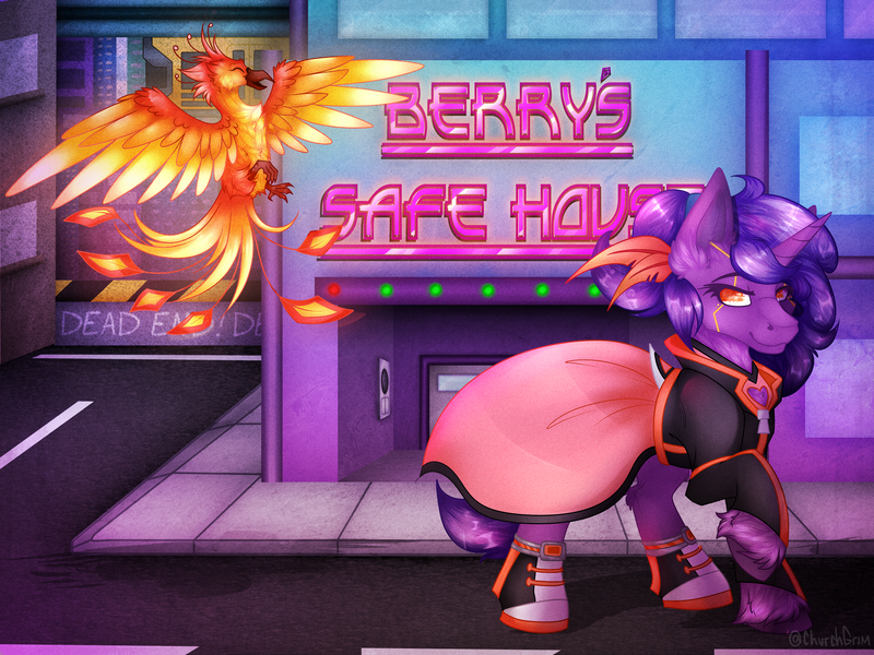 Size: 4000x3000 | Tagged: safe, artist:chvrchgrim, derpibooru import, oc, oc:berry blast, oc:faraday, bird, cyborg, phoenix, pony, unicorn, background, beak, building, city, cityscape, clothes, commission, cyber, cybernetic eyes, cyberpunk, detailed background, dress, female, finished commission, glow, horn, image, jacket, mare, open beak, open mouth, png, purple mane, raised hoof, retrowave, shiny mane, shoes, smiling, spread wings, synthwave, talons, unicorn oc, unshorn fetlocks, wings