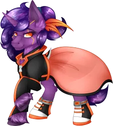 Size: 1926x2142 | Tagged: safe, artist:chvrchgrim, derpibooru import, oc, unofficial characters only, pony, unicorn, augmented, clothes, commission, converse, cybernetic eyes, cyberpunk, dress, feather, image, jacket, long sleeves, orange eyes, png, ponytail, purple hair, raised hoof, shiny mane, shoes, simple background, smiling, solo, transparent background, unshorn
