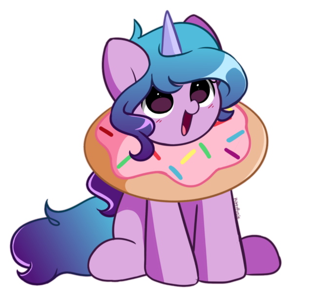 Size: 772x692 | Tagged: safe, artist:kittyrosie, derpibooru import, edit, editor:dematrix-edit, izzy moonbow, pony, unicorn, g5, cute, daaaaaaaaaaaw, donut, female, food, happy, high res, image, izzybetes, mare, open mouth, open smile, png, signature, simple background, sitting, smiling, solo, transparent background