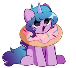 Size: 772x692 | Tagged: safe, artist:kittyrosie, derpibooru import, edit, editor:dematrix-edit, izzy moonbow, pony, unicorn, g5, cute, daaaaaaaaaaaw, donut, female, food, happy, high res, image, izzybetes, mare, open mouth, open smile, png, signature, simple background, sitting, smiling, solo, transparent background