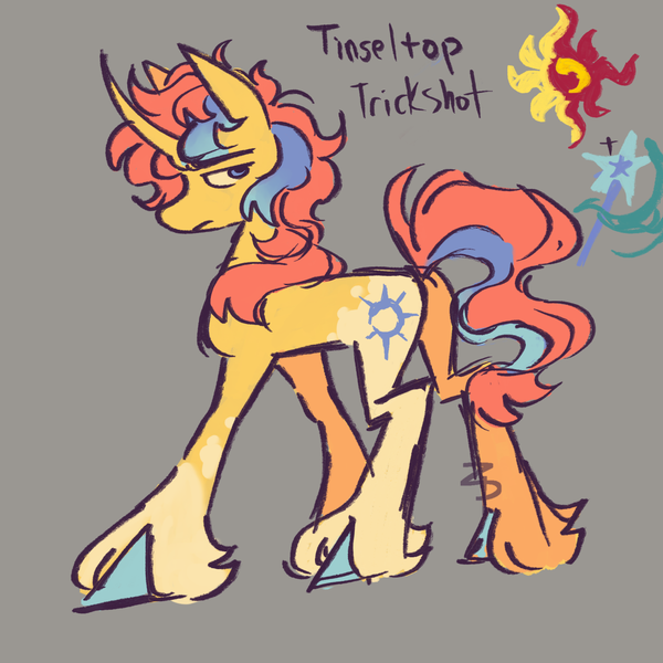 Size: 1280x1280 | Tagged: safe, artist:sillyfillies, derpibooru import, oc, oc:tinselstop trickshot, unofficial characters only, pony, unicorn, colored hooves, curved horn, gray background, horn, image, magical lesbian spawn, next generation, offspring, parent:sunset shimmer, parent:trixie, parents:suntrix, png, simple background, solo, unicorn oc, unshorn fetlocks