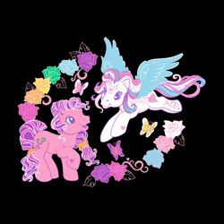 Size: 500x500 | Tagged: safe, derpibooru import, official, skywishes, star catcher, butterfly, earth pony, insect, pegasus, g3, canon ship, duo, duo female, female, flower, hasbro, image, implied lesbian, lgbt, png, pride month, rainbow colors, shipping, shipping fuel, t shirt design