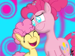 Size: 2160x1620 | Tagged: safe, artist:jesslmc16, derpibooru import, li'l cheese, pinkie pie, earth pony, pony, the last problem, colt, digital, digital art, digital drawing, eyes closed, female, foal, image, male, mare, mother, mother and child, mother and son, open mouth, open smile, parent:pinkie pie, png, procreate app, smiling, spiral