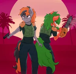 Size: 4048x3932 | Tagged: safe, derpibooru import, oc, oc:kelly foster, oc:tarhoon sunflare, unofficial characters only, anthro, anthro oc, chainsaw, dawn, hotline miami, image, jpeg, miami, moon, palm tree, simple background, tree, weapon, west