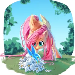 Size: 1160x1168 | Tagged: safe, artist:wolfythewolf555, derpibooru import, fluttershy, butterfly, insect, pegasus, pony, cute, eye clipping through hair, female, flower, image, looking at something, mare, png, shyabetes, solo