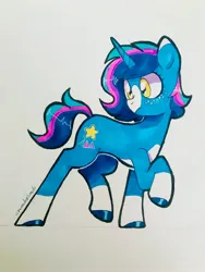 Size: 1536x2048 | Tagged: safe, artist:chunchalunch, derpibooru import, oc, oc:nova, unofficial characters only, pony, unicorn, coat markings, freckles, image, jpeg, looking back, marker drawing, socks (coat marking), solo, traditional art