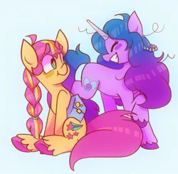 Size: 1024x1000 | Tagged: safe, artist:chunchalunch, derpibooru import, izzy moonbow, sunny starscout, earth pony, pony, unicorn, g5, eyes closed, happy, image, jpeg, looking at each other, looking at someone, sitting, smiling