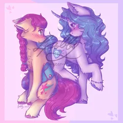 Size: 1080x1080 | Tagged: safe, artist:uwulobby, derpibooru import, izzy moonbow, sunny starscout, earth pony, pony, unicorn, g5, blushing, female, floppy ears, image, izzyscout, jpeg, lesbian, looking at each other, looking at someone, shipping