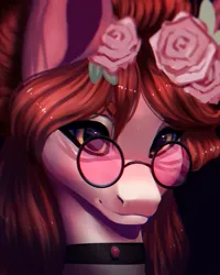 Size: 4000x5000 | Tagged: safe, artist:minckies, derpibooru import, oc, unofficial characters only, earth pony, pony, bust, choker, earth pony oc, flower, flower in hair, glasses, image, png, rose, smiling, solo