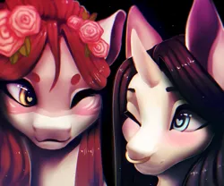 Size: 6000x5000 | Tagged: safe, artist:minckies, derpibooru import, oc, unofficial characters only, earth pony, pony, unicorn, blushing, duo, earth pony oc, female, flower, flower in hair, horn, image, mare, nose piercing, nose ring, one eye closed, piercing, png, rose, smiling, unicorn oc, wink