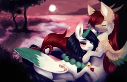 Size: 1841x1200 | Tagged: safe, artist:minckies, derpibooru import, oc, unofficial characters only, alicorn, pony, alicorn oc, cloud, duo, full moon, horn, horns, image, jewelry, moon, necklace, outdoors, pearl necklace, png, sleeping, snuggling, tree, wings
