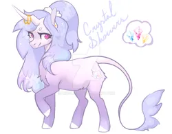 Size: 1024x800 | Tagged: safe, artist:minckies, derpibooru import, oc, unofficial characters only, pony, unicorn, deviantart watermark, female, horn, horn ring, image, jewelry, jpeg, leonine tail, magical lesbian spawn, mare, obtrusive watermark, offspring, parent:rainbow dash, parent:rarity, parents:raridash, raised hoof, ring, simple background, smiling, solo, tail, unicorn oc, watermark, white background