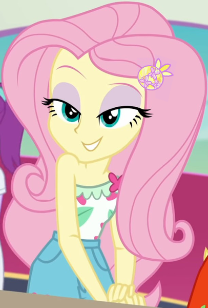 Size: 611x903 | Tagged: safe, derpibooru import, edit, edited screencap, editor:incredibubbleirishguy, screencap, fluttershy, equestria girls, equestria girls series, spring breakdown, spoiler:eqg series (season 2), bare shoulders, beautisexy, bedroom eyes, clothes, cropped, flirting, geode of fauna, image, magical geodes, pants, png