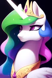 Size: 2048x3072 | Tagged: safe, derpibooru import, editor:lerkyboy, machine learning assisted, machine learning generated, stable diffusion, princess celestia, alicorn, pony, ai content, black background, bust, crown, female, frown, generator:purplesmart.ai, horn, image, jewelry, jpeg, mare, portrait, regalia, simple background, solo