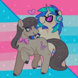 Size: 1440x1440 | Tagged: safe, artist:ariariari.png, derpibooru import, octavia melody, vinyl scratch, earth pony, pony, unicorn, bow, duo, female, headphones, heart, image, jpeg, lesbian, looking at each other, looking at someone, male, mouthpiece, scratchtavia, shipping, trans female, trans male, transgender, vinyl's glasses