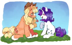 Size: 1280x794 | Tagged: safe, artist:mapleeheart, derpibooru import, applejack, rarity, earth pony, pony, unicorn, blushing, cowboy hat, duo, female, flower, flower in mouth, grass, hat, heart, image, lesbian, mouth hold, png, rarijack, shipping, sitting, sky