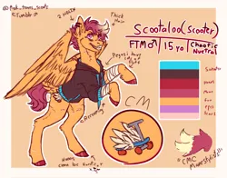 Size: 2048x1606 | Tagged: safe, artist:ask-trans-scoots, derpibooru import, scootaloo, pegasus, pony, alternate cutie mark, bandage, clothes, dyed mane, ear piercing, english, female to male, hoodie, image, jpeg, male, piercing, reference sheet, rule 63, scar, scooteroll, self harm, self harm scars, smiling, solo, standing on two hooves, teenager, trans male, transgender, tumblr:ask trans scootaloo, wings