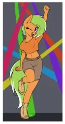 Size: 1362x2575 | Tagged: safe, artist:ponynamedmixtape, derpibooru import, oc, oc:warm winds, unofficial characters only, anthro, earth pony, unguligrade anthro, clothes, dancing, female, hoof shoes, image, midriff, one eye closed, png, shoes, shorts, simple background, solo, wink