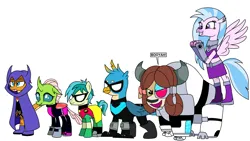 Size: 3751x2119 | Tagged: safe, derpibooru import, edit, editor:crisx284, gallus, ocellus, sandbar, silverstream, smolder, yona, cyborg, beast boy, dc comics, image, nightwing, png, raven (dc comics), robin, starfire, student six, teen titans, teen titans go