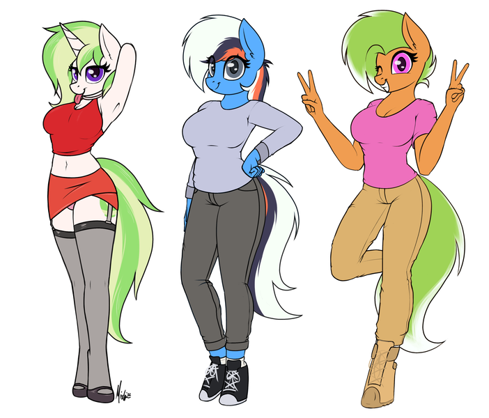 Size: 3613x3090 | Tagged: safe, artist:ponynamedmixtape, derpibooru import, oc, oc:araceli chrysanthemum, oc:keylime curio, oc:warm winds, unofficial characters only, anthro, earth pony, unguligrade anthro, unicorn, clothes, converse, female, females only, garters, hoof shoes, image, midriff, pants, png, shoes, simple background, skirt, socks, stockings, thigh highs, white background