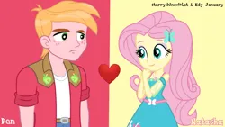 Size: 1920x1080 | Tagged: safe, artist:edy_january, artist:starryshineviolet, derpibooru import, big macintosh, fluttershy, human, series:romantic and jackass, series:romantic stories, equestria girls, female, fluttermac, fluttershy boho dress, geode of fauna, image, link in description, love, magical geodes, male, png, red background, romance, romantic, shipping, simple background, straight, vector used, wallpaper, yellow background