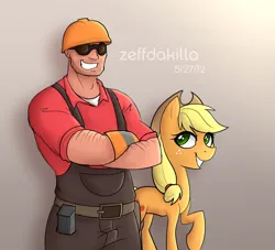 Size: 3200x2900 | Tagged: safe, artist:zeffdakilla, derpibooru import, applejack, earth pony, human, pony, belt, clothes, crossed arms, crossover, engineer, goggles, hat, helmet, image, looking at each other, looking at someone, overalls, png, raised hoof, smiling, smiling at each other, standing